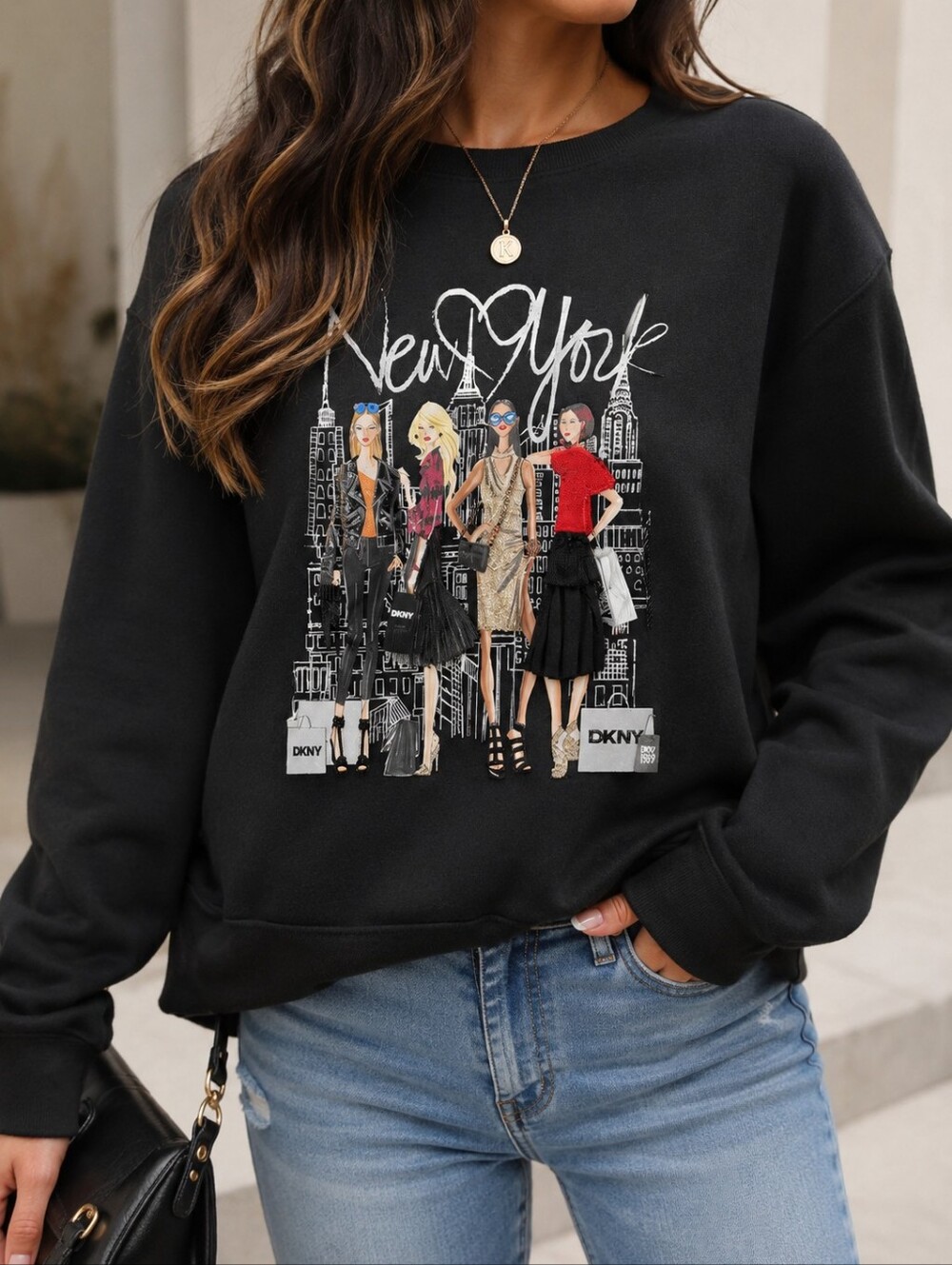 DKNY New York 3D Graphic Sweatshirt XL Fashion Girl NYC Fringe Pullover